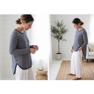 Eileen Fisher Organic Linen Cotton Striped Slub Knit Sweater Navy White R17OMH M